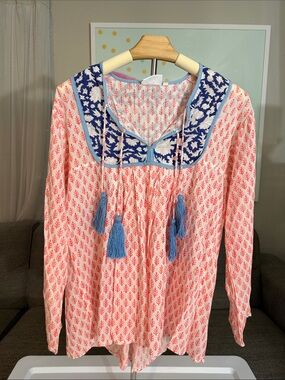 ZZs Coral Printed Long-Sleeve Tunic with Blue Embroidered Yoke